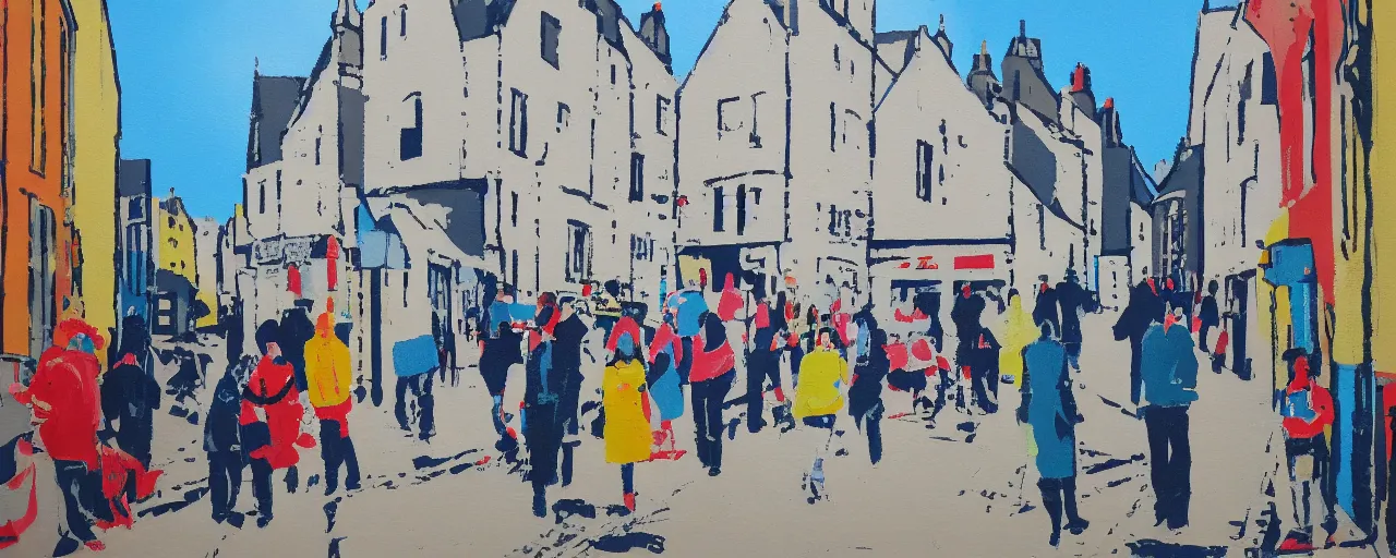 Prompt: a painting of street life in kirkwall orkney, Screen printing