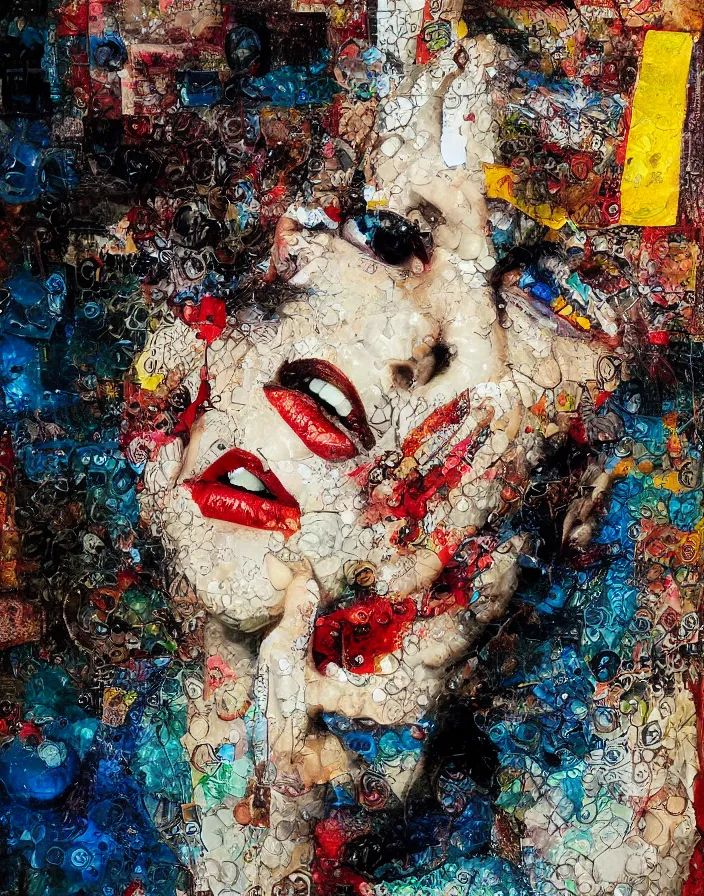 Prompt: orgasm detailed and highly reliefed analogue mixed media collage with canvas texture in style of conteporary art, punk art, hyperrealistic beautiful face, photorealistic, expressionism, masterpiece, perfect composition, spectacular quality, intricate oil details