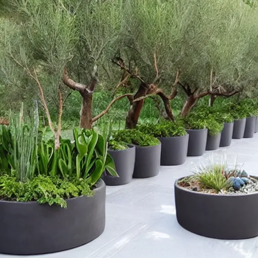 Image similar to creative concrete pots with seatings, olive trees, wpc decking on the floor