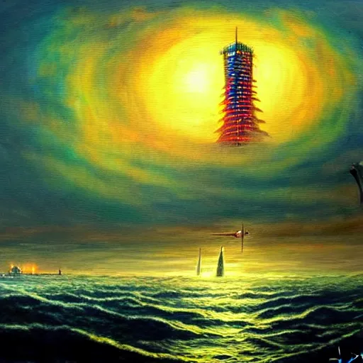 Prompt: a ship off the shore of a beautiful coast with a distant ominous biopunk tower filled with evil technology glowing in the distance, painting by John Berkley