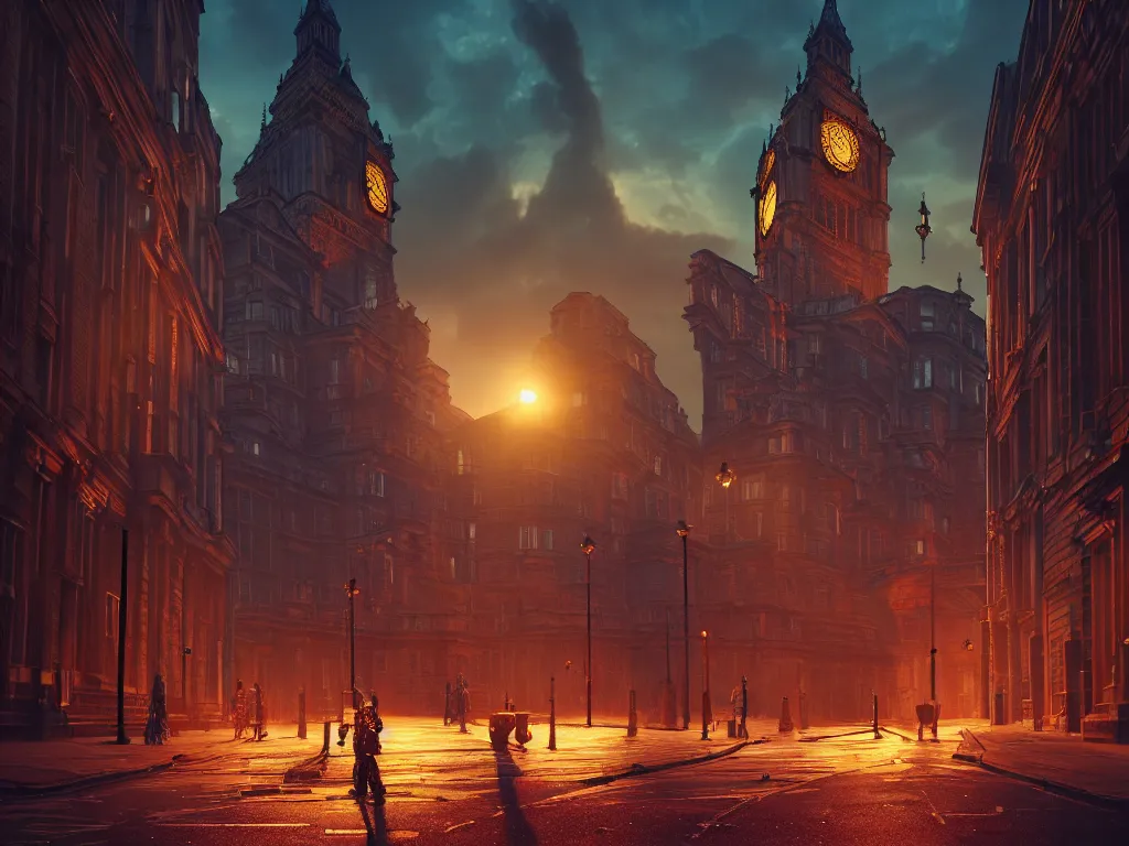 Image similar to an ancient beautiful cyborg of the elder gods in the city of London, London streets in background, colourful, dramatic lighting, golden hour, very detailed octane render very realistic beautiful