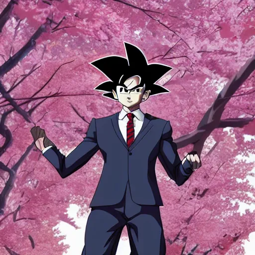 Prompt: highly detailed photo of goku wearing tuxedo standing in front of sakura trees, anime concept art, highly detailed, 8 k