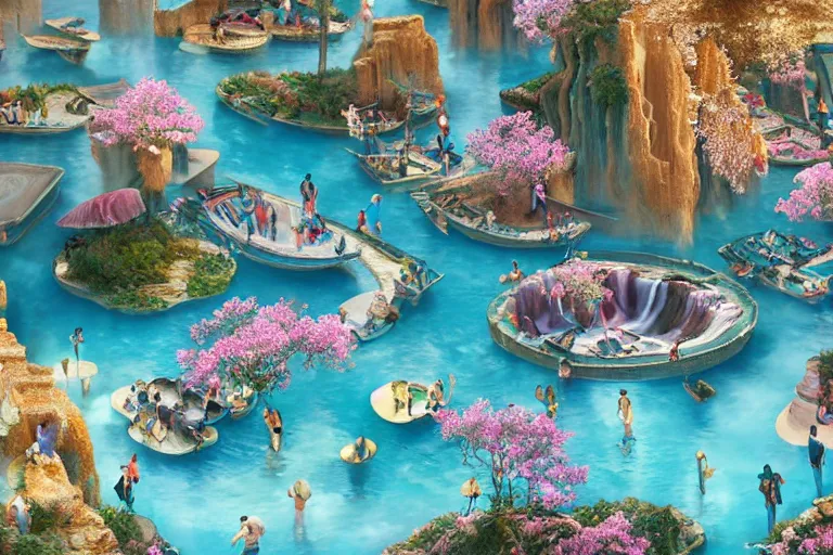 Image similar to floating markets of shinsekai japan along pamukkale waters flowing down gold travertine terraces in royal blue antelope canyon during sakura season on an interstellar aurora borealis, pink waterfalls, lush chic garden, by peter mohrbacher, james jean, james gilleard, greg rutkowski, vincent di fate, rule of thirds, octane render, beautiful landscape