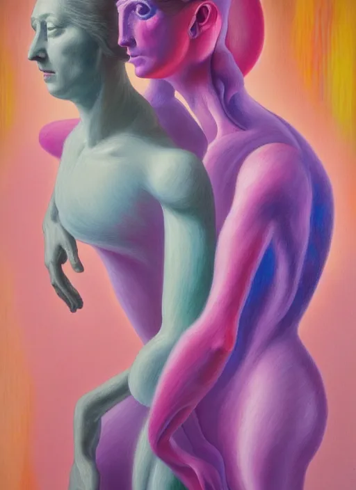 Prompt: a strange, biomorphic painting of two humanoid figures entwined and draped in vibrant pastel coloured silk, in the style of charlie immer, highly detailed, dramatic, emotionally evoking, head in focus, volumetric lighting, oil painting, timeless disturbing masterpiece