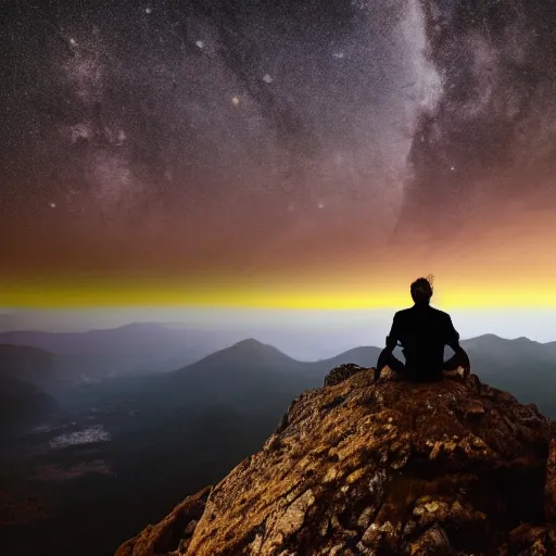 Image similar to 4K ultra HD detailed award-winning wallpaper of silhouette of man sitting on top of mountain cliff looking at huge vast sky storm Milky way