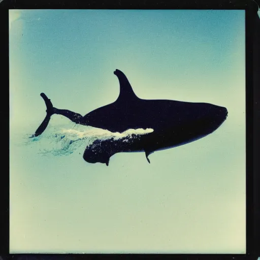 Image similar to a polaroid picture of a whale swimming under the sea, aquatic helicopters flying around the whale