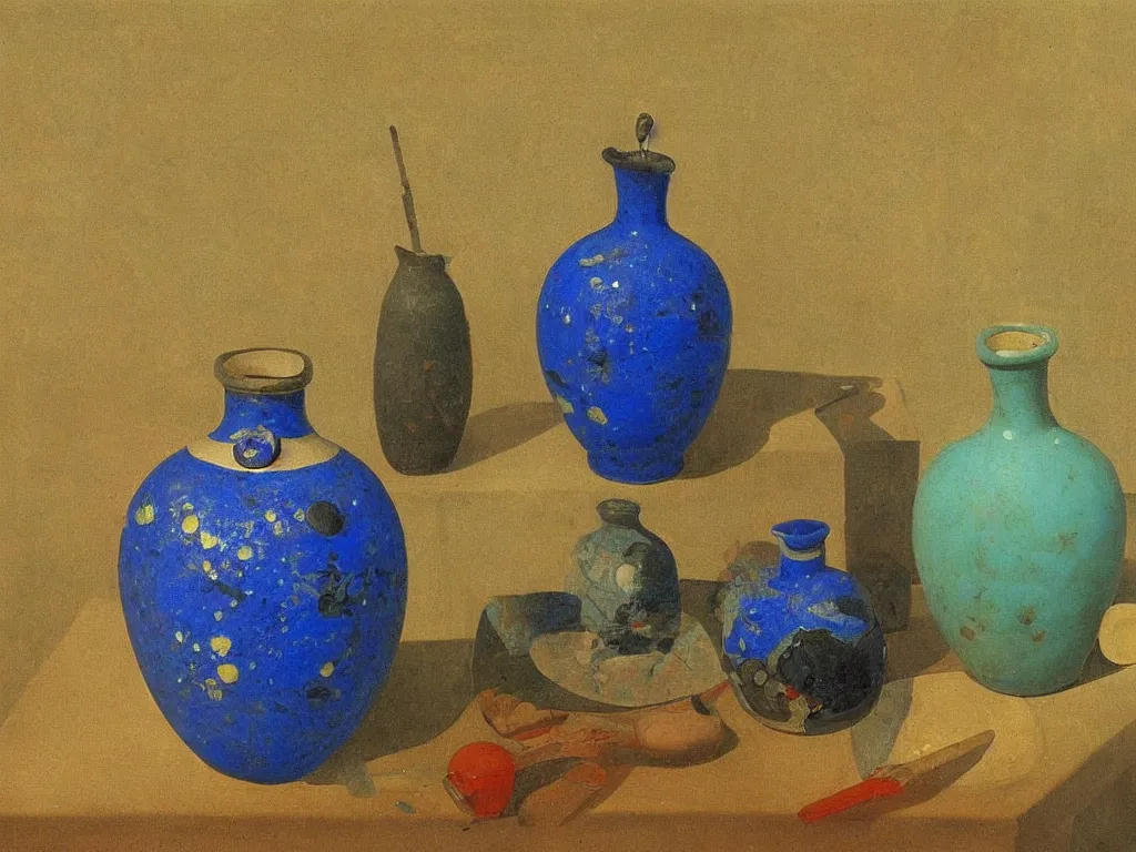 Image similar to greek painted ceramic, pottery, amphora, vase, negative - positive, floating in the night sky. lapis - lazuli, turquoise, malachite, cinnabar, earth brown. painting by georged de la tour, balthus, agnes pelton