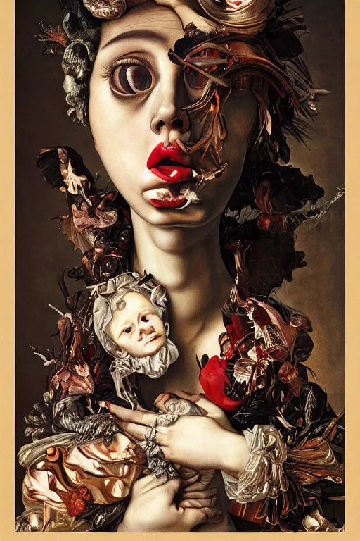 Image similar to Detailed maximalist portrait with large lips and with large, wide eyes, expressive, extra flesh, HD mixed media, 3D collage, highly detailed and intricate, surreal, illustration in the style of Caravaggio, dark art, baroque