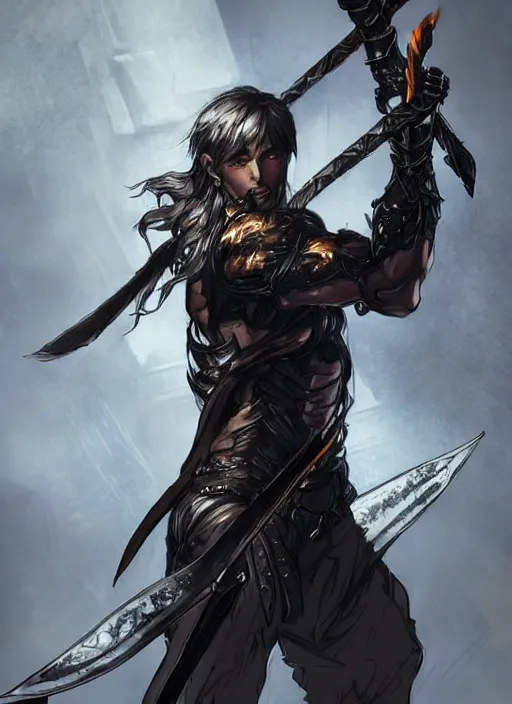 Image similar to Half body portrait of a young prodigy elven warrior wielding fire sword. In style of Yoji Shinkawa and Hyung-tae Kim, trending on ArtStation, dark fantasy, great composition, concept art, highly detailed, dynamic pose.