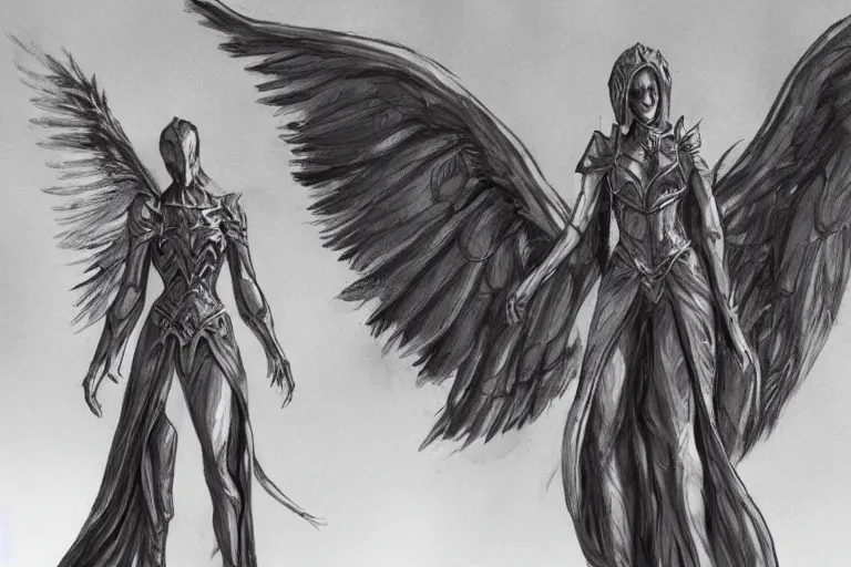 Image similar to concept art, woman angel in armor, large wingspan, dramatic pose