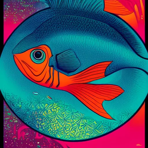 Image similar to one stylized fish with saturated colors viewed in profile in the dark ocean filled with complex sparkles and patterns, artstation, intricate, realistic, highly detailed, digital painting, concept art, sharp focus, illustration by tom whalen and charles williams and kilian eng and james jean