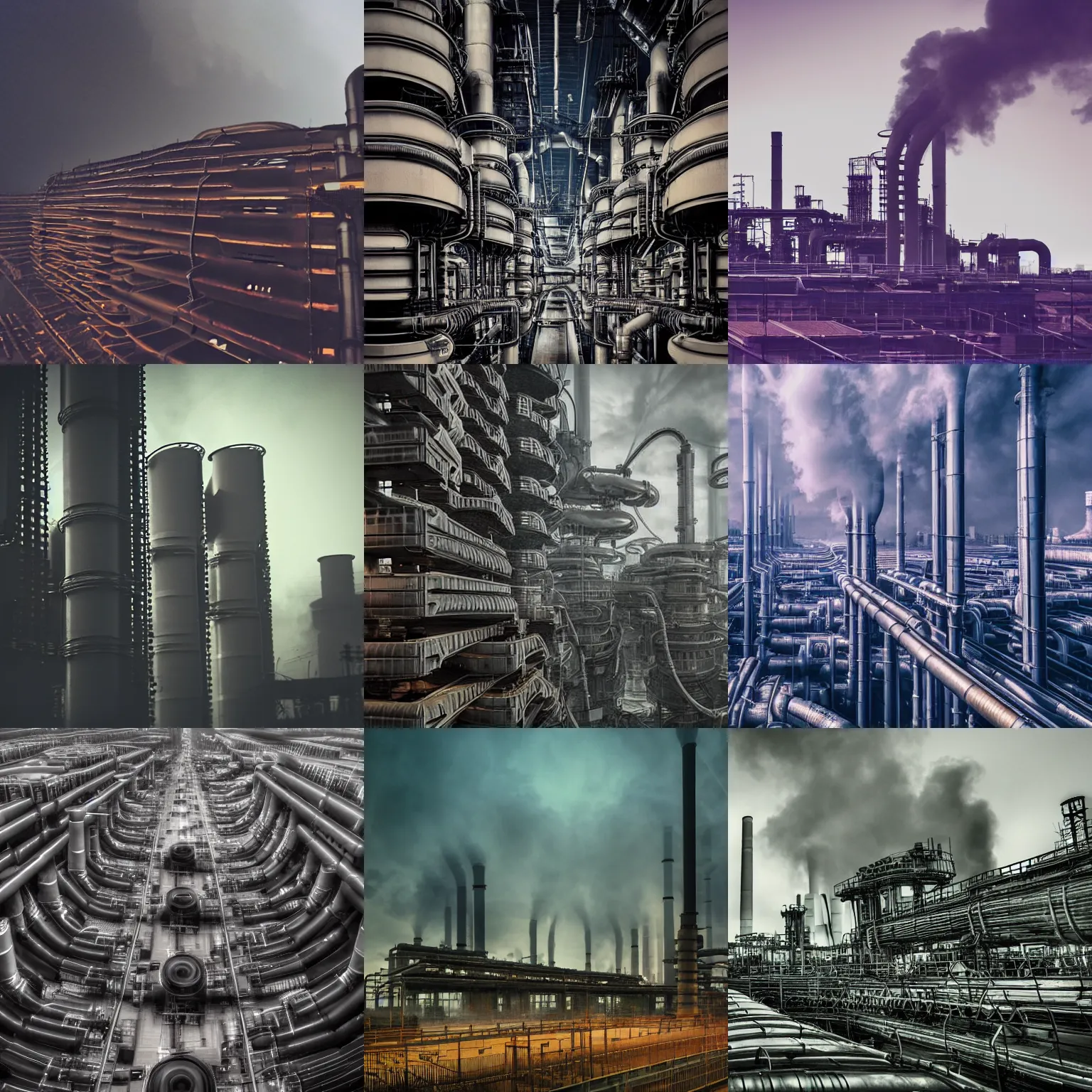 Prompt: futuristic dystopian endless industrial megafactory complex, smokestacks, pipelines and ducts and vents, steampunk, smoke, night, gloomy, dramatic
