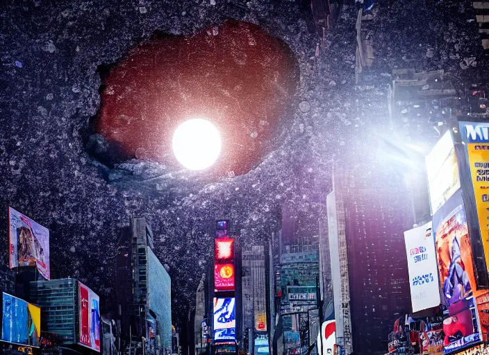 Image similar to film still of the moon shattering into pieces over time square in the new disaster movie, 8 k, night time