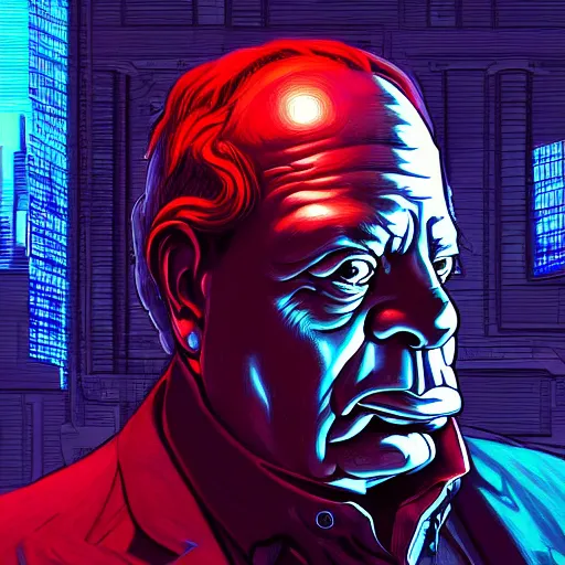 Prompt: futuristic winston churchill. A clever cyberpunk hacker, centered in the frame, cyberpunk concept art by Jean Giraud and josan gonzales, digital art, highly detailed, intricate, sci-fi, sharp focus, Trending on Artstation HQ, deviantart, 4K UHD image