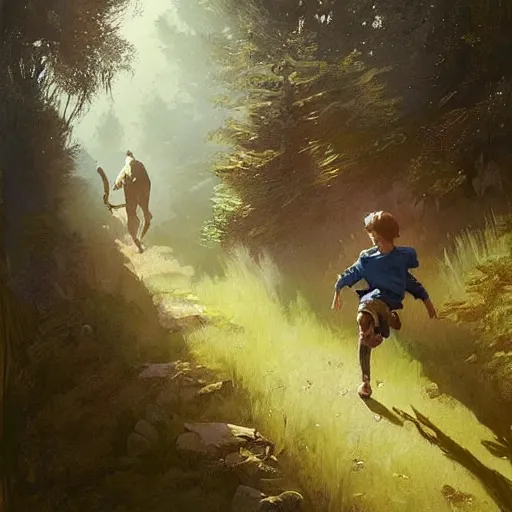 Image similar to a beautiful painting of a boy running up a hill toward a campsite being chased by bandits by Greg Rutkowski and Michael Whelan, fantasy setting,  amazing lighting, lush woodland.