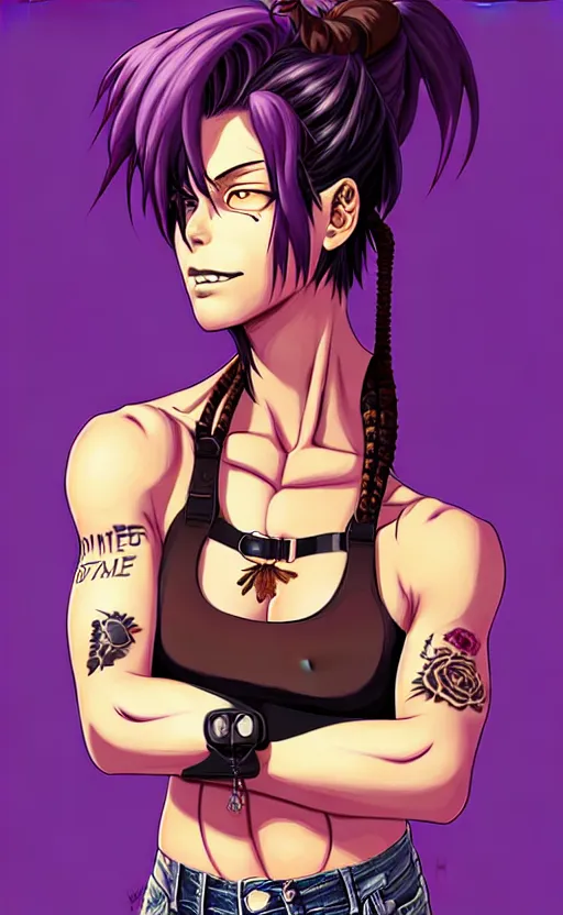 Image similar to a portrait of revy from black lagoon, dilraba dilmurarevy, smirk, black tank top, jean shorts, brown eyes, purple hair, tribal tattoos right arm sleeve, symmetrical eyes, symmetrical face, art by lois van baarle and loish and ross tran and rossdraws and sam yang and artgerm