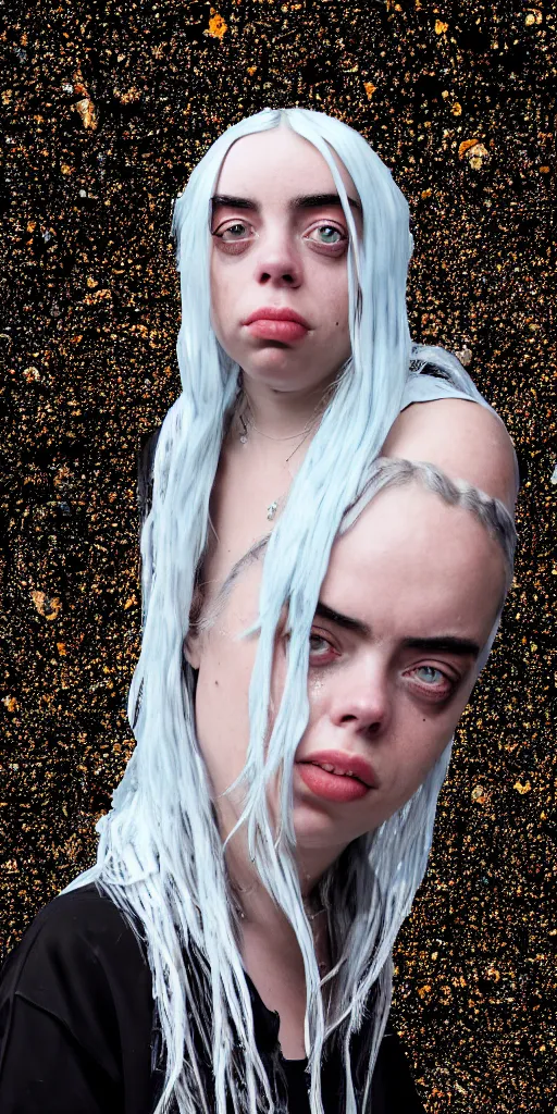 Image similar to professional photo shot of an billie eilish made of silica crystal spikes, melted with rocks in the background, microscopic picture, grimy, gritty, trending on artstation, award winning, close shot, by aleks labuda and barry webb