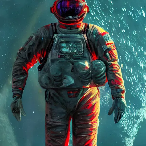 Prompt: concept art by craig mullins diver astronaut in underwater futuristic dark and empty spaceship. infrared complex and hyperdetailed technical suit design. helmet with a red visor. reflection and dispersion materials rays and dispersion of light breaking through the deep water. 5 0 mm, f / 3 2. noise film photo. flash photography. trend artstation