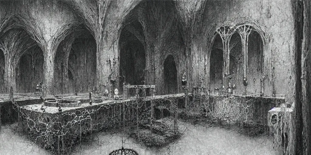 Prompt: detailed laboratory of alchemist and dark mage, room of necromancer by Beksinski, Luis Royo