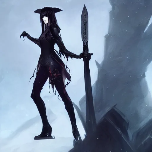 Image similar to female human vampire witch in fantasy armor holding a sword, in the style of greg rutkowski, makoto shinkai, trending on artstation, character design, concept art, symmetrical face, forward facing, highly detailed, digital art