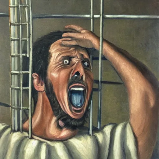 Image similar to a screaming prisoner holding prison bars, realism old oil painting