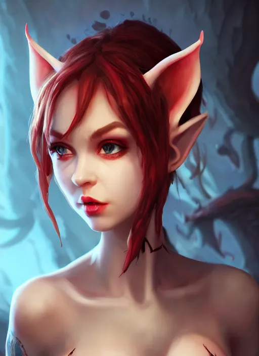 Image similar to imp demon goddess, cute elf ears, strapless dress, character portrait in the style of thomas river and artgerm, cinematic lighting, hyperdetailed, 8 k realistic, symmetrical, global illumination, radiant light,, frostbite 3 engine, cryengine, dof, trending on artstation, digital art, chanel