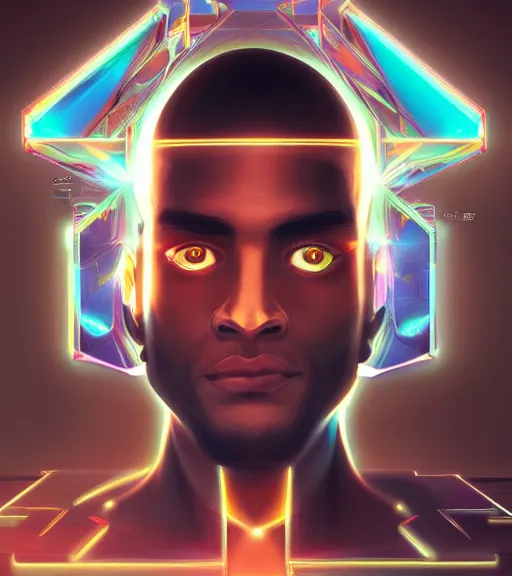 Image similar to symmetry!! egyptian prince of technology, solid cube of light, hard edges, product render retro - futuristic poster scifi, lasers and neon circuits, brown skin man egyptian prince, intricate, elegant, highly detailed, digital painting, artstation, concept art, smooth, sharp focus, illustration, dreamlike, art by artgerm