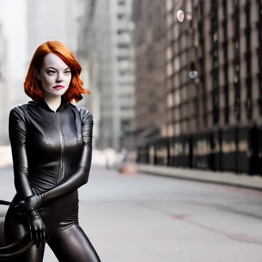 Prompt: Emma Stone as Catwoman, XF IQ4, 150MP, 50mm, F1.4, ISO 200, 1/160s, natural light