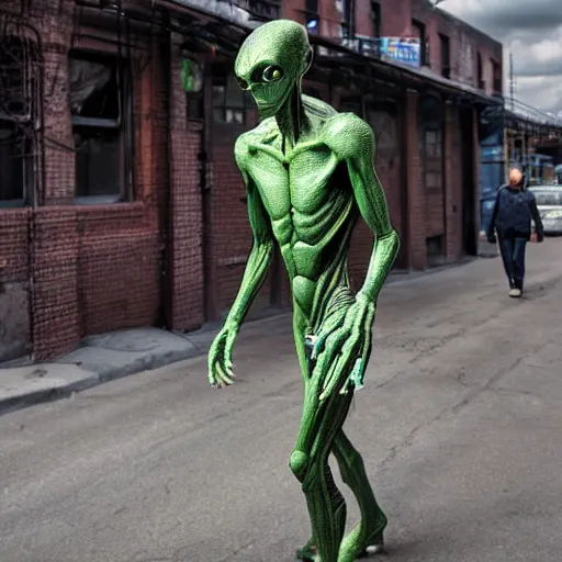 Image similar to an 8 k super hi res hdr realistic humanoid alien walking down a street in brooklyn