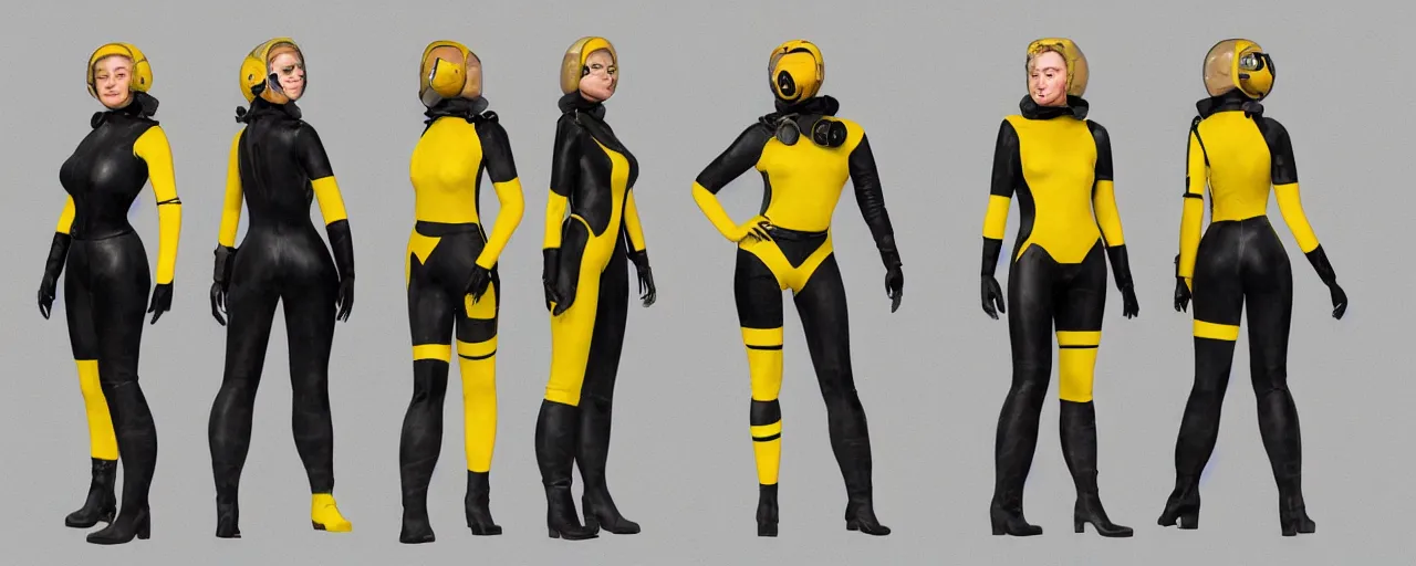 Prompt: character design, fashion reference sheet, curvy, 70's jetfighter pilot girl, optimistic, dirty yellow flight pressure suit, black stripes, scuffed exoskeleton, concept art, photorealistic, hyperdetailed, 3d rendering!, rimlight , art by Frazetta,