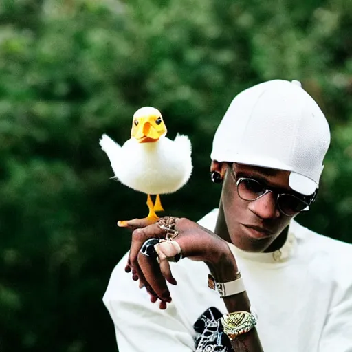 Prompt: young thug, holding a white duck