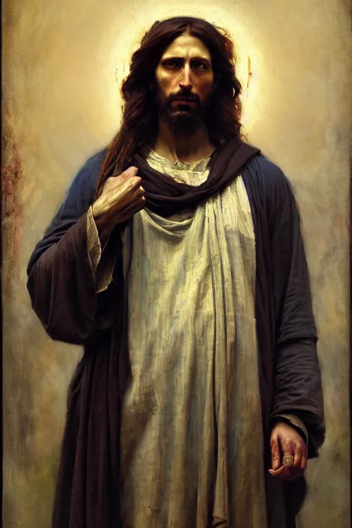 Image similar to photograph imax and solomon joseph solomon and richard schmid and jeremy lipking victorian loose genre loose painting full length portrait painting of jesus