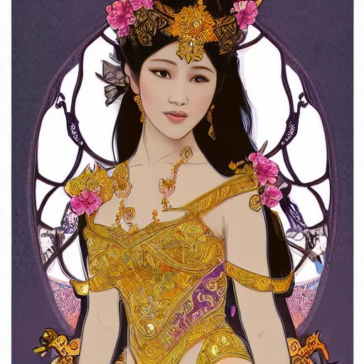 Prompt: beautiful bali princess by kittichai rueangchaichan, floralpunk, Artstation, art nouveau aesthetic, Alphonse Mucha background, intricate details, photo realistic, dramatic