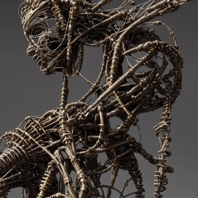 Prompt: biomechanical religious sculpture statue of jesus on cross made of wires cables tubes, cyberpunk, baroque painting, beautiful detailed intricate insanely detailed octane render, 8K artistic photography, photorealistic, chiaroscuro, Raphael, Caravaggio, Giger, Beksinski