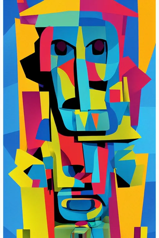 Image similar to cubist moai statue cutout digital illustration cartoon colorful beeple