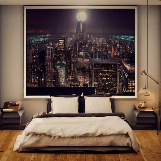 Image similar to cozy rustic bedroom that is dimly lit with a night view of new york in heavy mist, highly detailed, artstation, photography