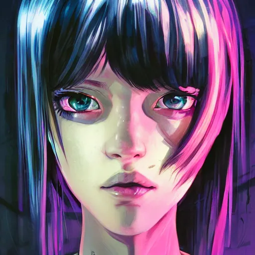 Image similar to A comic potrait of a cyberpunk cyborg girl with big and cute eyes, fine-face, realistic shaded perfect face, fine details. Night setting. Very anime style. Realistic shaded lighting poster by Ilya Kuvshinov katsuhiro, magali villeneuve, artgerm, Jeremy Lipkin and Michael Garmash, Rob Rey and Kentarõ Miura style, trending on art station