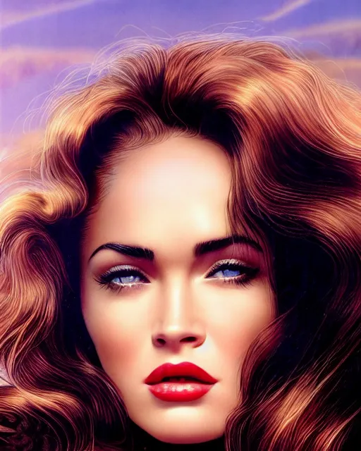 Prompt: closeup dream photo of a beautiful megan fox with long dark wind blown hair at sunrise, rim lighting, glamour pose, hyper realistic, concept art, intricate, hyper detailed, smooth, ambient volumetric lighting, high contrast, pinup, vibrant, hd, octane, gil elvgren, arney freytag, alberto vargas, 1 9 4 5