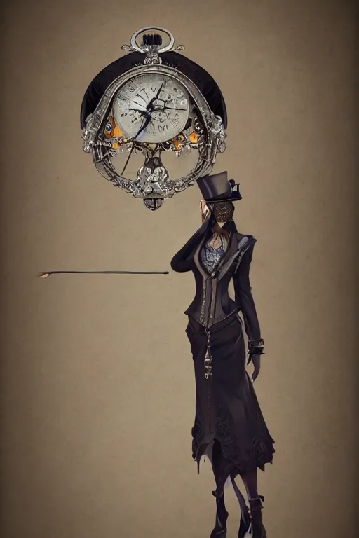 Image similar to a timekeeper with a pocket watch face. silk hat, full body, dark fantasy, concept art, gothic, intricate, ornate, ultra realistic, unreal engine