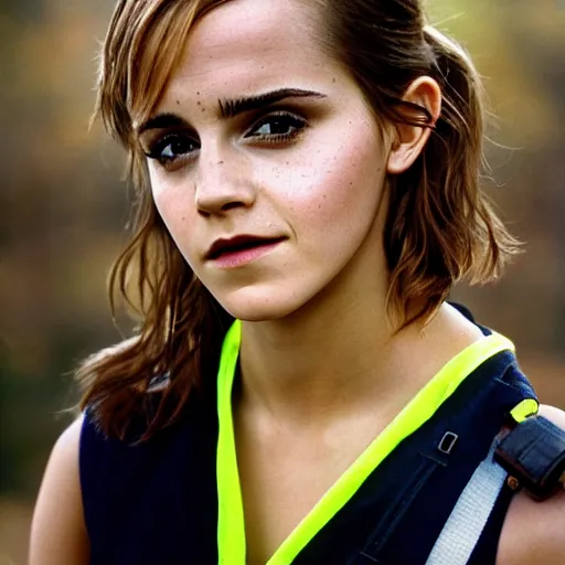 Image similar to photo, close up, emma watson in a hi vis vest, chewing tobacco, bump in lower lip, portrait, kodak gold 2 0 0,