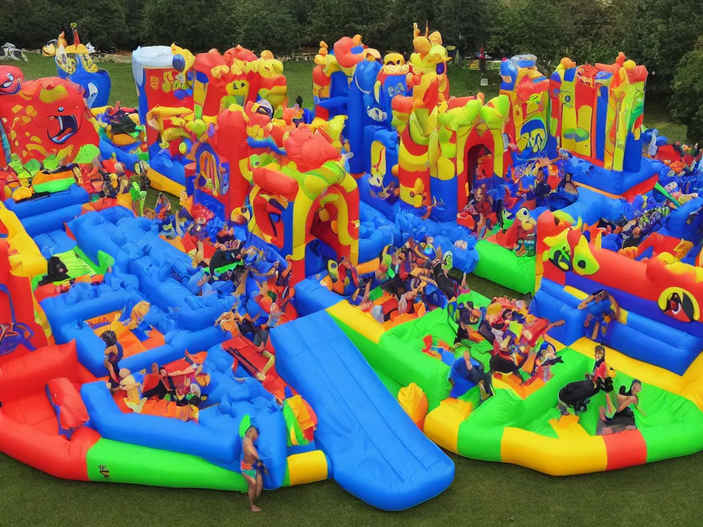 Prompt: huge death metal bouncy castle, highly detailed photo