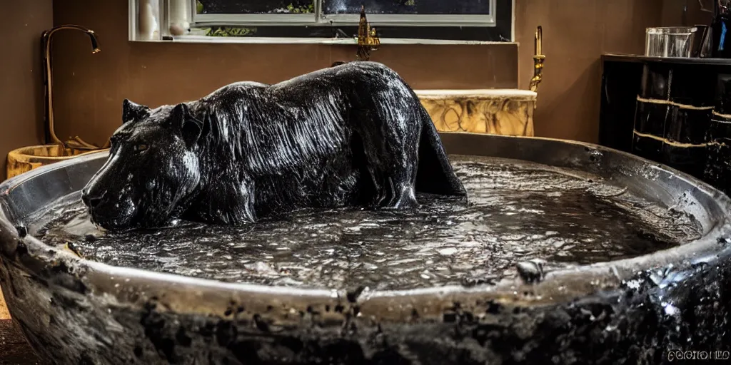 Prompt: a black lioness made of ferrofluid bathing inside the bathtub full of tar, covered with tar. dslr, photography, realism, animal photography, color