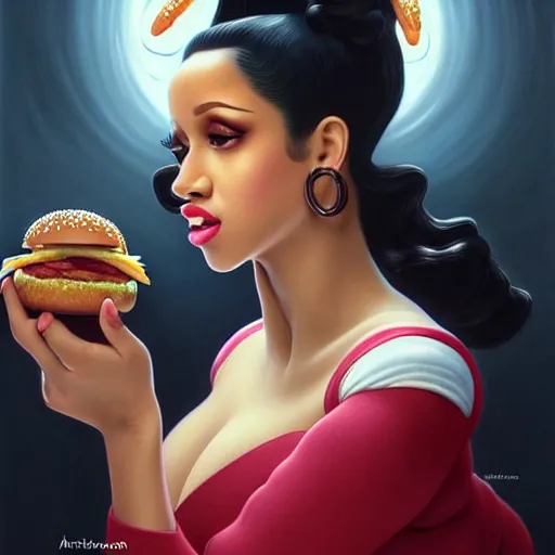 Prompt: portrait of Cardi B eating mcdonald's big mac hamburgers, extra onions and ketchup, luscious patty with sesame seeds, feminine ethereal, handsome, D&D, fantasy, intricate, elegant, highly detailed, digital painting, artstation, concept art, matte, sharp focus, illustration, art by Artgerm and Greg Rutkowski and Alphonse Mucha