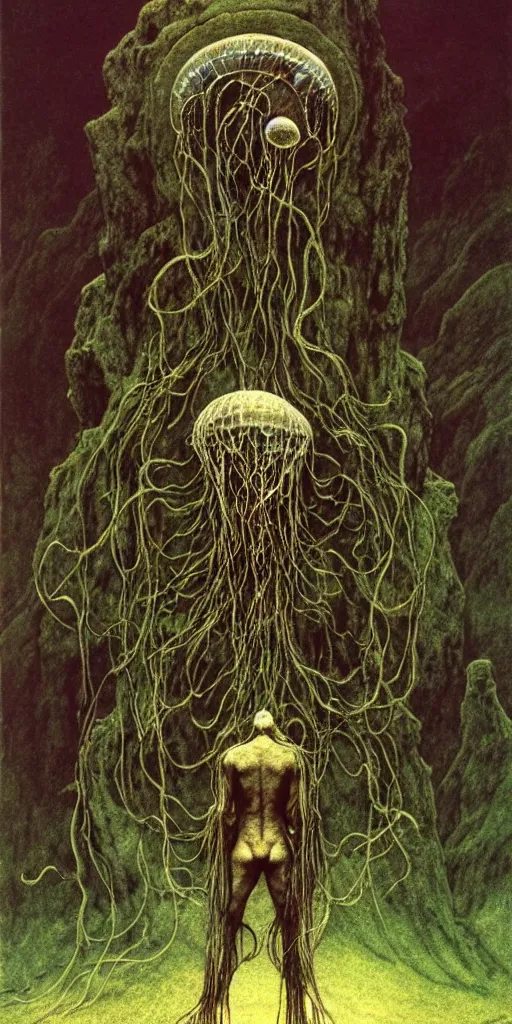 Image similar to A detailed lonely tesla android with jellyfish head stands among the mountains. Wearing a ripped mantle, robe. Perfect face, colossal scale, extremely high details, realistic, fantasy art, solo, masterpiece, art by Zdzisław Beksiński, Arthur Rackham, Dariusz Zawadzki