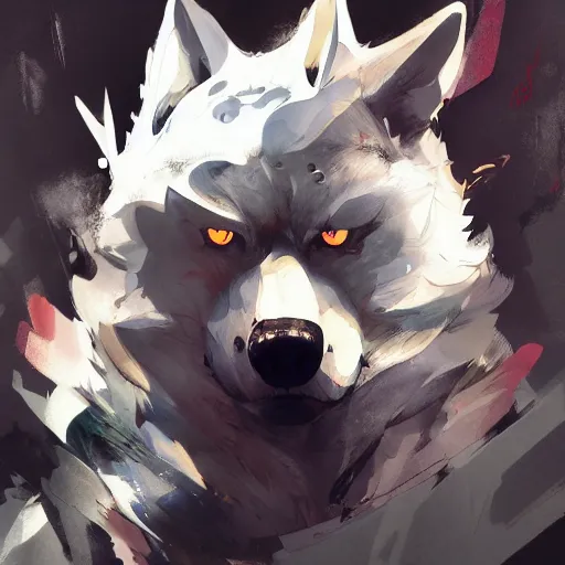 Image similar to concept art of anthropomorphized wolf, highly detailed painting by dustin nguyen, akihiko yoshida, greg tocchini, 4 k, trending on artstation, 8 k