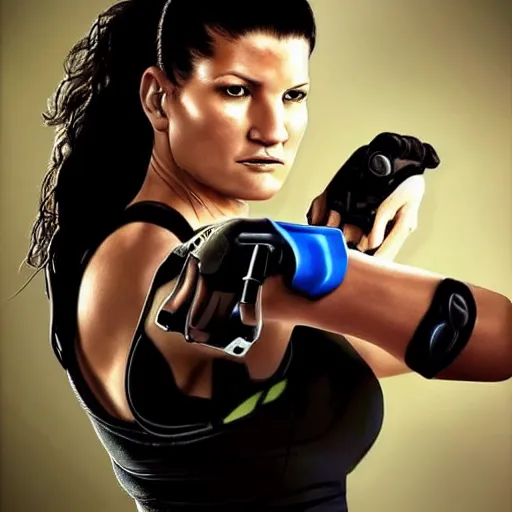 Image similar to beautiful digital painting of gina carano with a cybernetic arm, highly detailed, hyperrealism