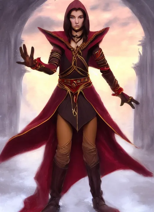 Prompt: beautiful teenager female half elf monk, full body black and red longcoat, fist training, detailed face, brown hair, short ponytail, golden eyes, brown skin, high fantasy, extremely detailed, matte painting, by michael komarck, mtg art