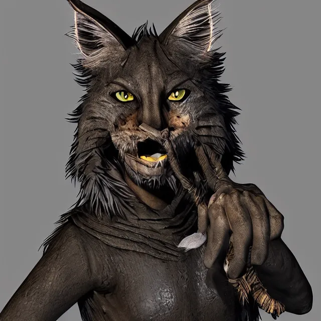 Image similar to khajit tabaxi catfolk humanoid with maine coon features black fur with a scar on the left eye and holding two shortswords cloaked in shadow and wearing hooded leather armor agile, dungeons and dragons, fantasy, tarot card style, high detail, hyper realistic