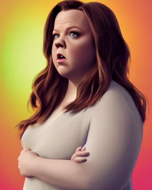 Image similar to Fullbody potrait of Melissa McCarthy as an angel, hyper realistic, prismatic highlights, atmosphere, gorgeous, depth of field, cinematic, macro, concept art, 50mm, artstation, wlop, elegant, epic, weta digital, focus, octane render, v-ray, 8k, kodak portra, art by Liberatore