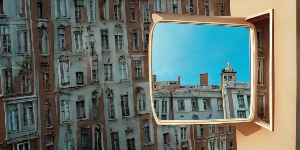 Image similar to a very high resolution image from a new movie, upside - down building, mirror, door, beautiful scenery, photorealistic, photography, directed by wes anderson